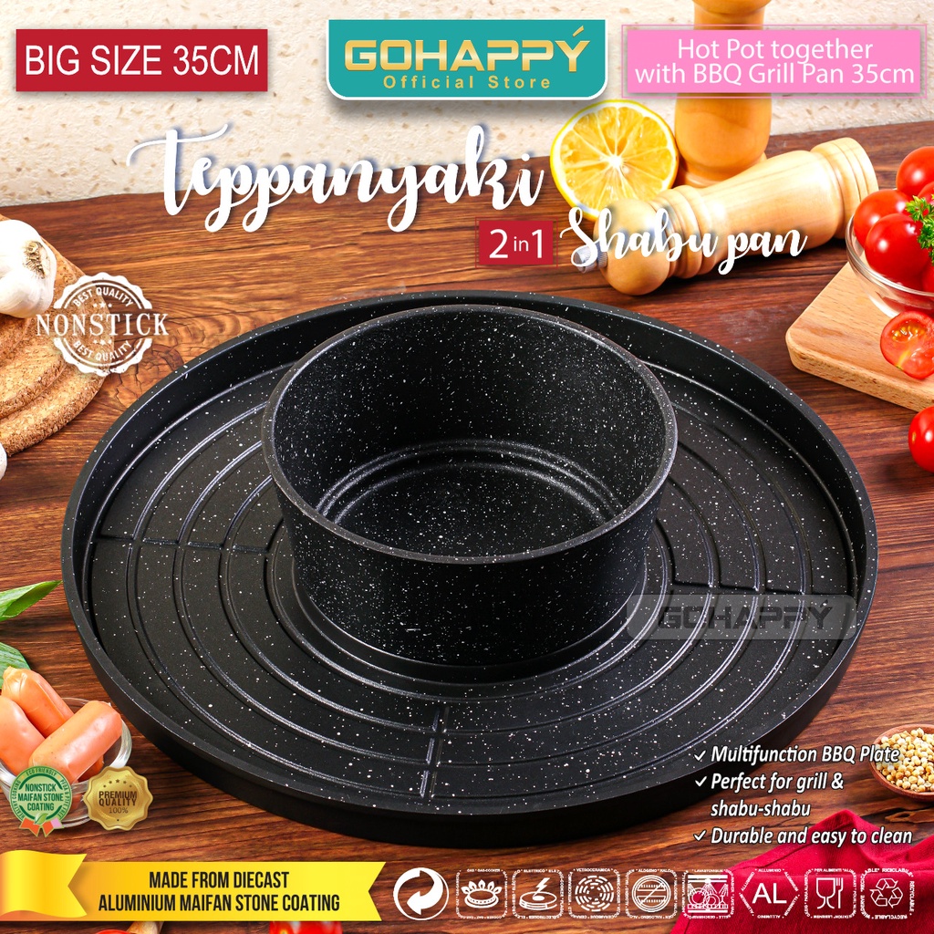 ALAT PANGGANG 2FUNGSI Gohappy Tepannyaki GHK40 BEST Grill pan BBQ 35CM Steamboat panci shabu shabu pan diatas kompor