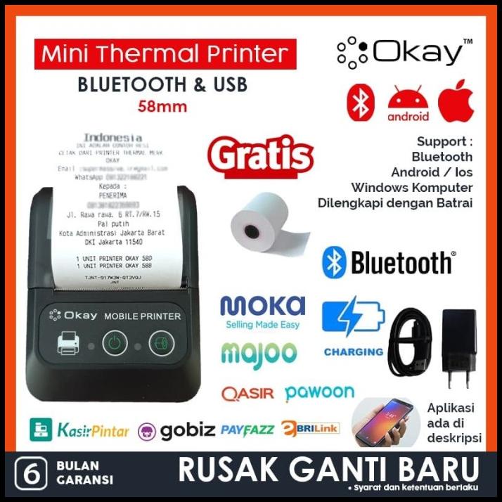 Mini Portable Printer Ppob / Kasir 58Mm Thermal Ok-58B (Usb+Bluetooth)