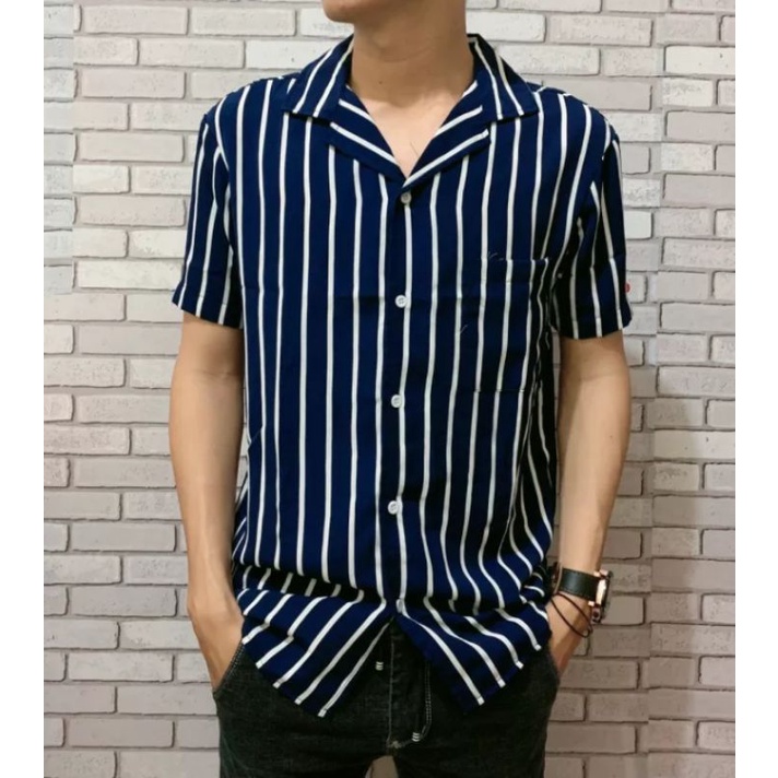 Kemeja stripe pria lengan pendek