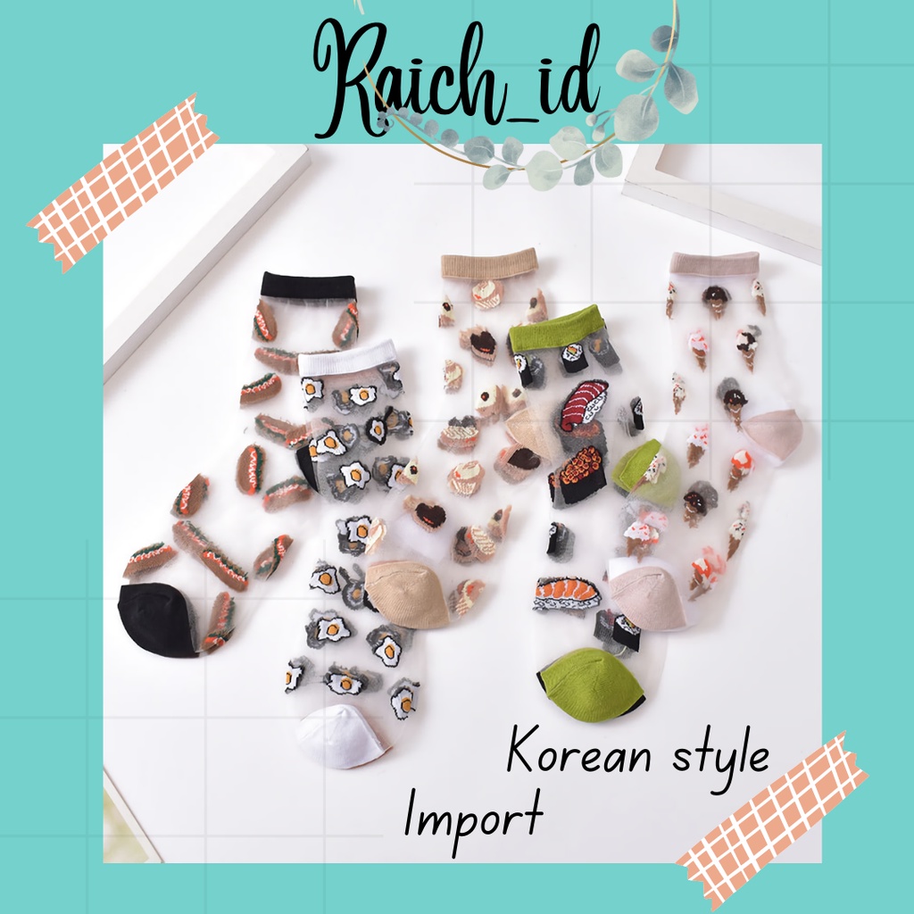 Kaos Kaki Wanita Transparan Motif Lucu Food Makanan / Kaos Kaki Korean Style Motif Lucu Food Makanan