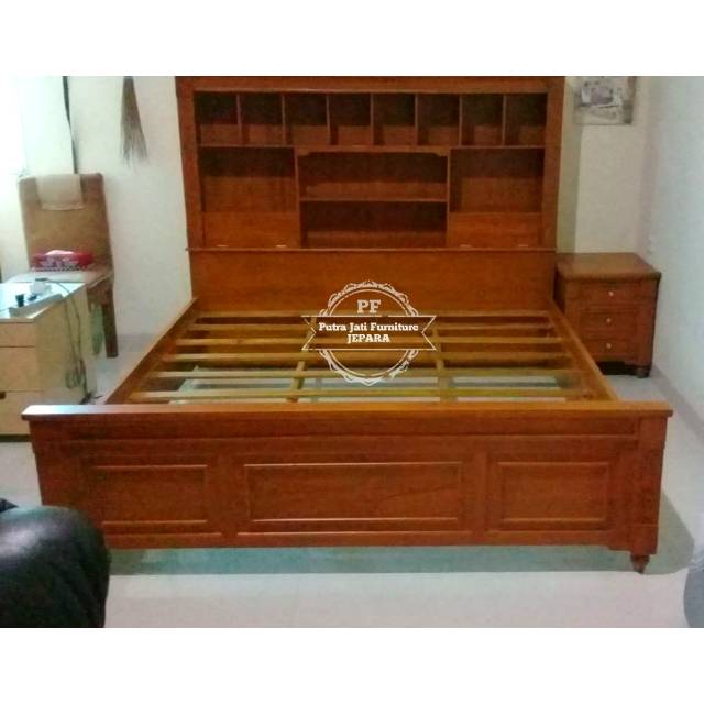 Tempat Tidur Headboar Lemari - Dipan Nakas Kayu Jati - Ranjang Minimalis