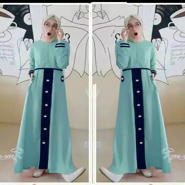 Tya Dress Muslim/Fashion Muslim/Gamis/Busui Resleting Dpn/Bisa Cod/Best Seller/online Shoop-tosca combi navy