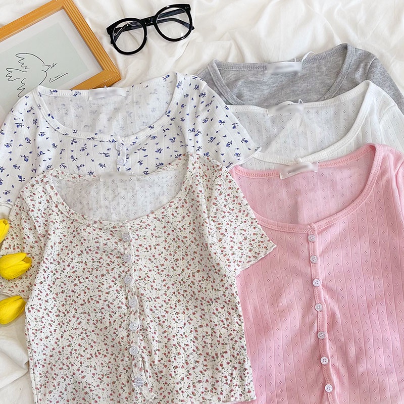 Keinginan murni girly bunga segar gaya BM seksi leher bulat kecil breasted slim short cardigan T-shirt top