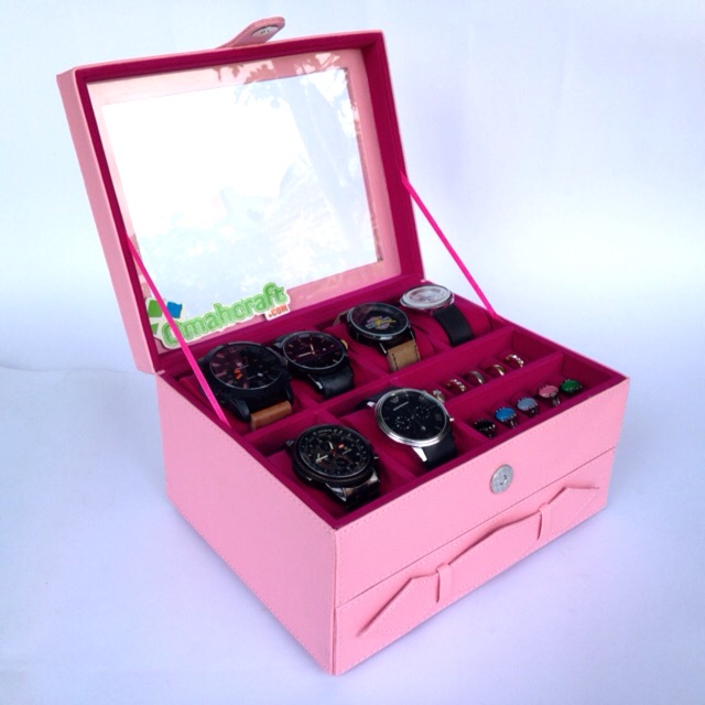 LARGE SIZE - Kotak Jam Tangan isi 6 Mix Perhiasan / Jewelry Box and Accesories Warna PINK SOFT