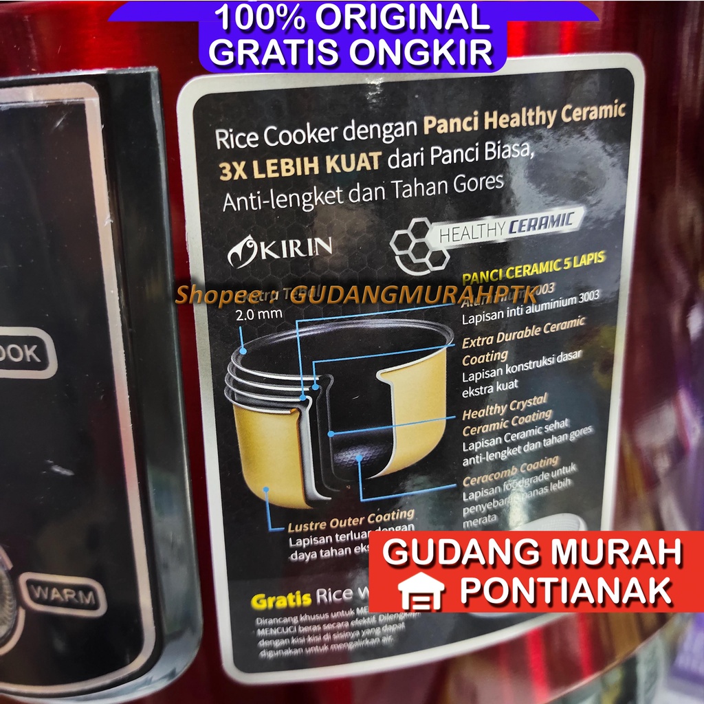 Rice Cooker Kirin / Magic Com Ceramic 2 Liter KRC-390 RD RED 2 Liter 2L ricecooker penanak nasi