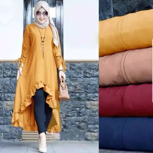 PROMO TERMURAH Tunik Polos Lengan Serut Busui Resleting Depan Pendek Belakang Panjang Baju Muslim