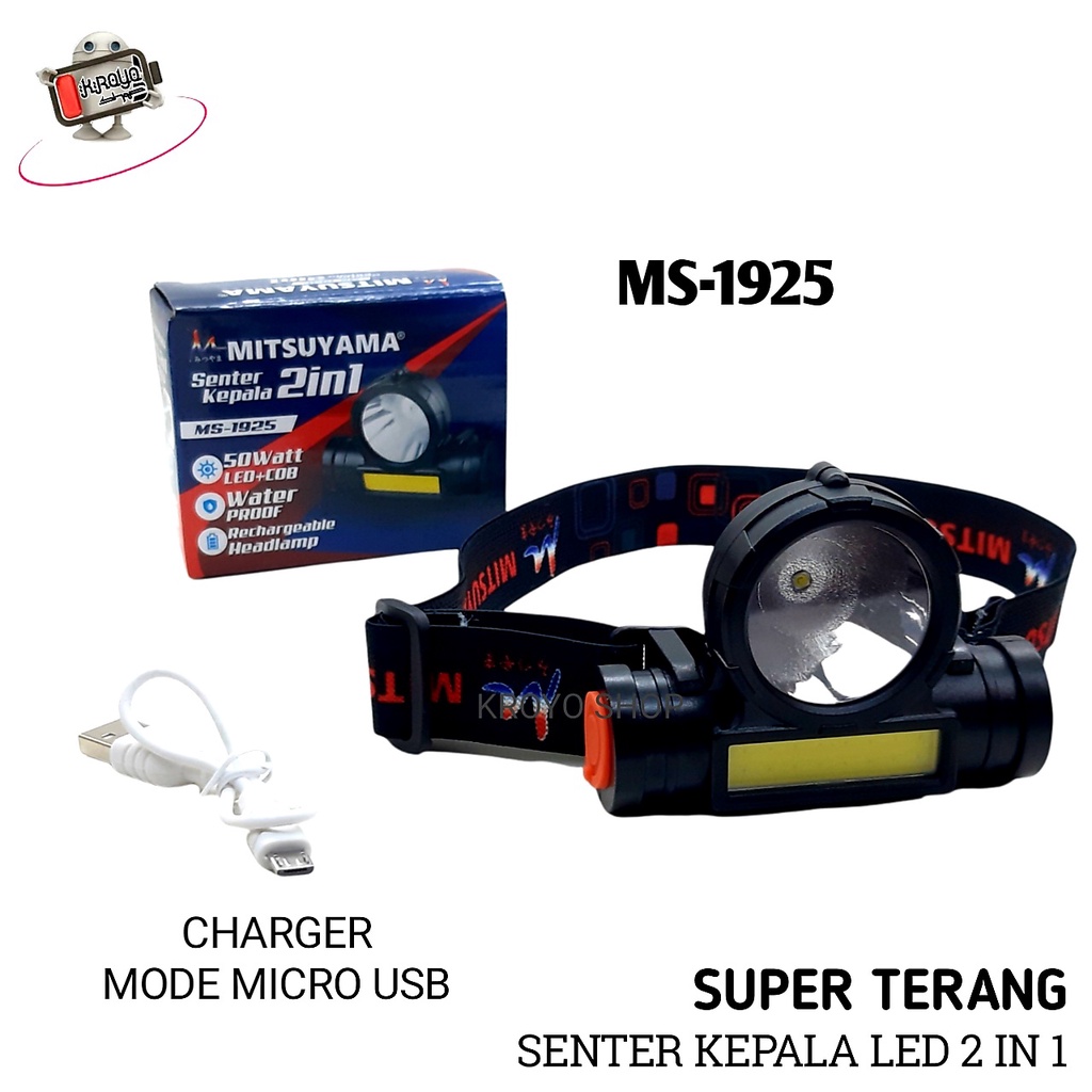 SENTER KEPALA LED 2 IN 1 SUPER TERANG WATERPROOF CHARGER MODEL MICRO USB MS-1925