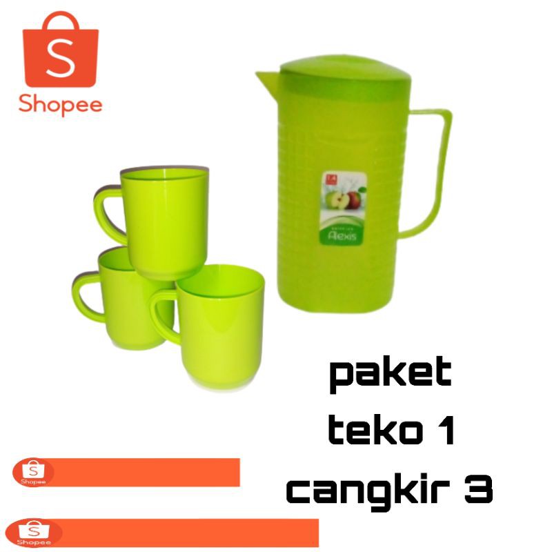 TEKO DAN 3 (BUAH) CANGKIR PLASTIK W/ HIJAU