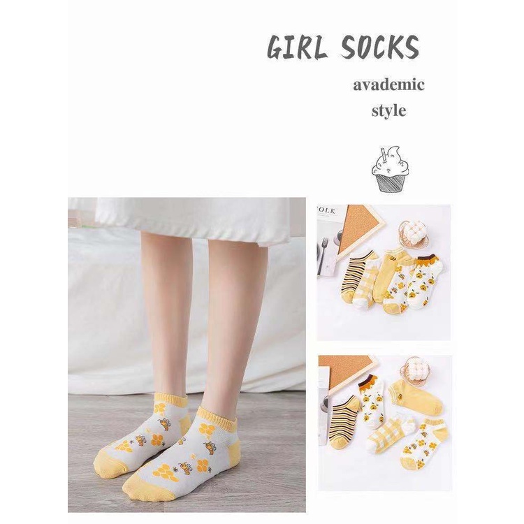 Gobra ♕ KK021 Kaos Kaki (Tanpa Kemasan) Wanita Tipis Pendek Semata Kaki Motif Bunga Lebah Bee Kuning Fashion Korea Women Sock Import Murah