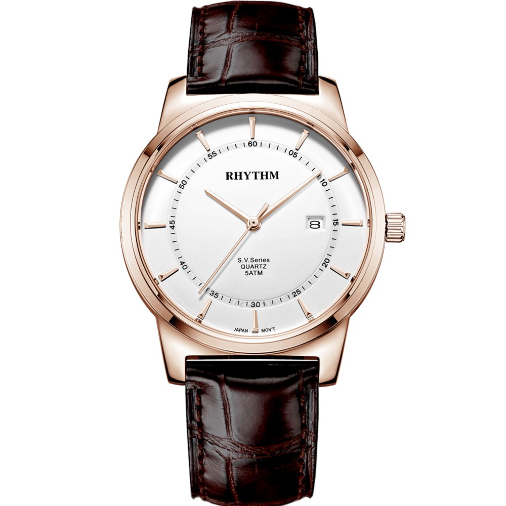 JAM TANGAN PRIA RHYTHM GS1601 L03 GS1601L03 ANALOG SILVER ROSEGOLD BROWN LEATHER STRAP