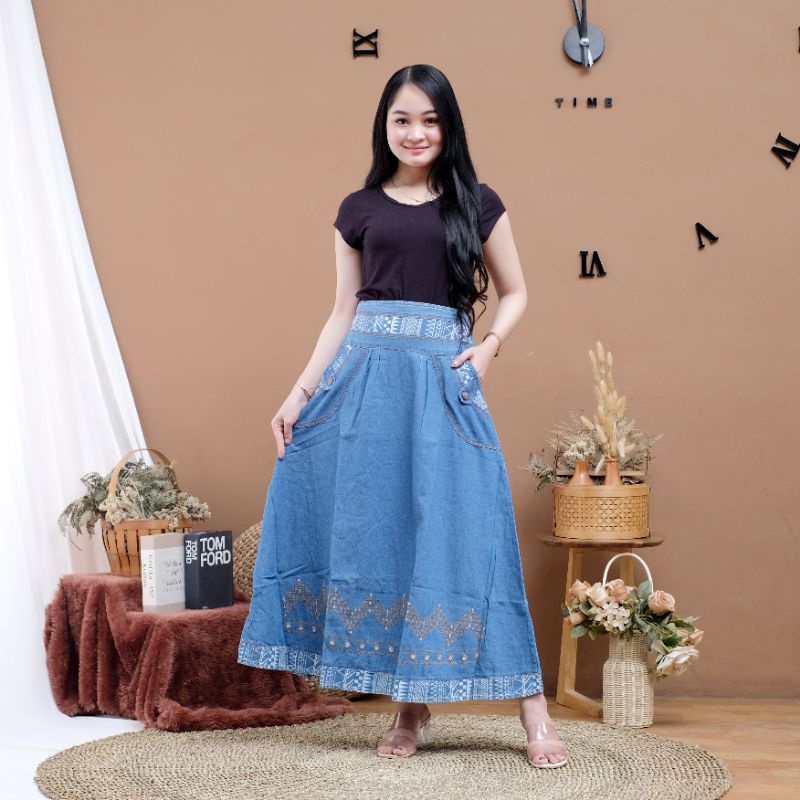 Toball - Rok Bordir Wanita / Rok Jeans Wanita Dewasa / Rok Panjang / Rok Bordir Cantik