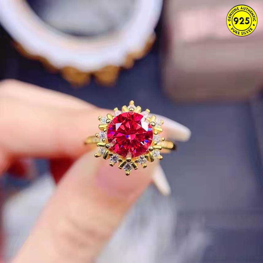 Cincin Emas Korundum Merah 5 Karat Desain Snowflake Hias Berlian Imitasi Untuk Wanita