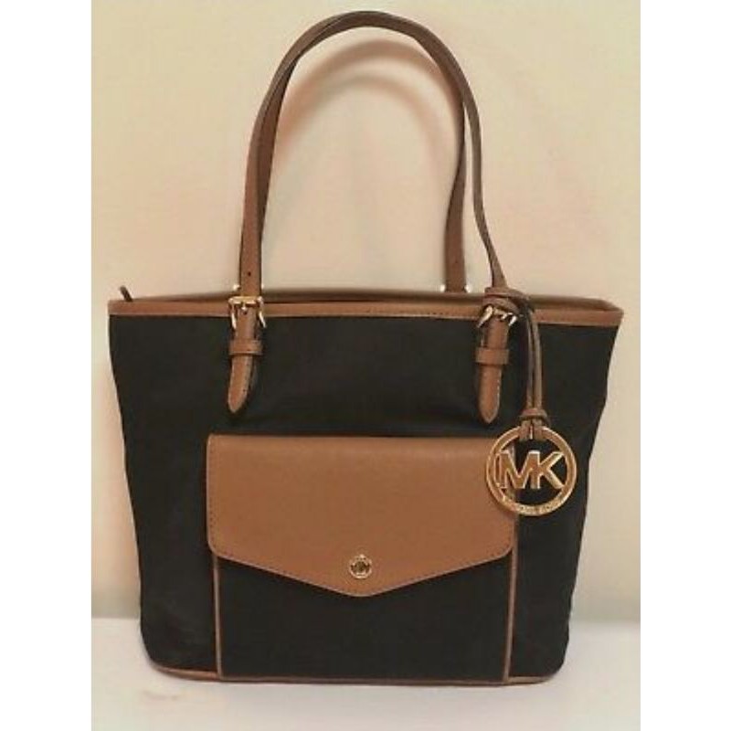MICHAEL KORS Jet Set Tote Shoulder Bag Black Nylon and Tan Saffiano Leather
