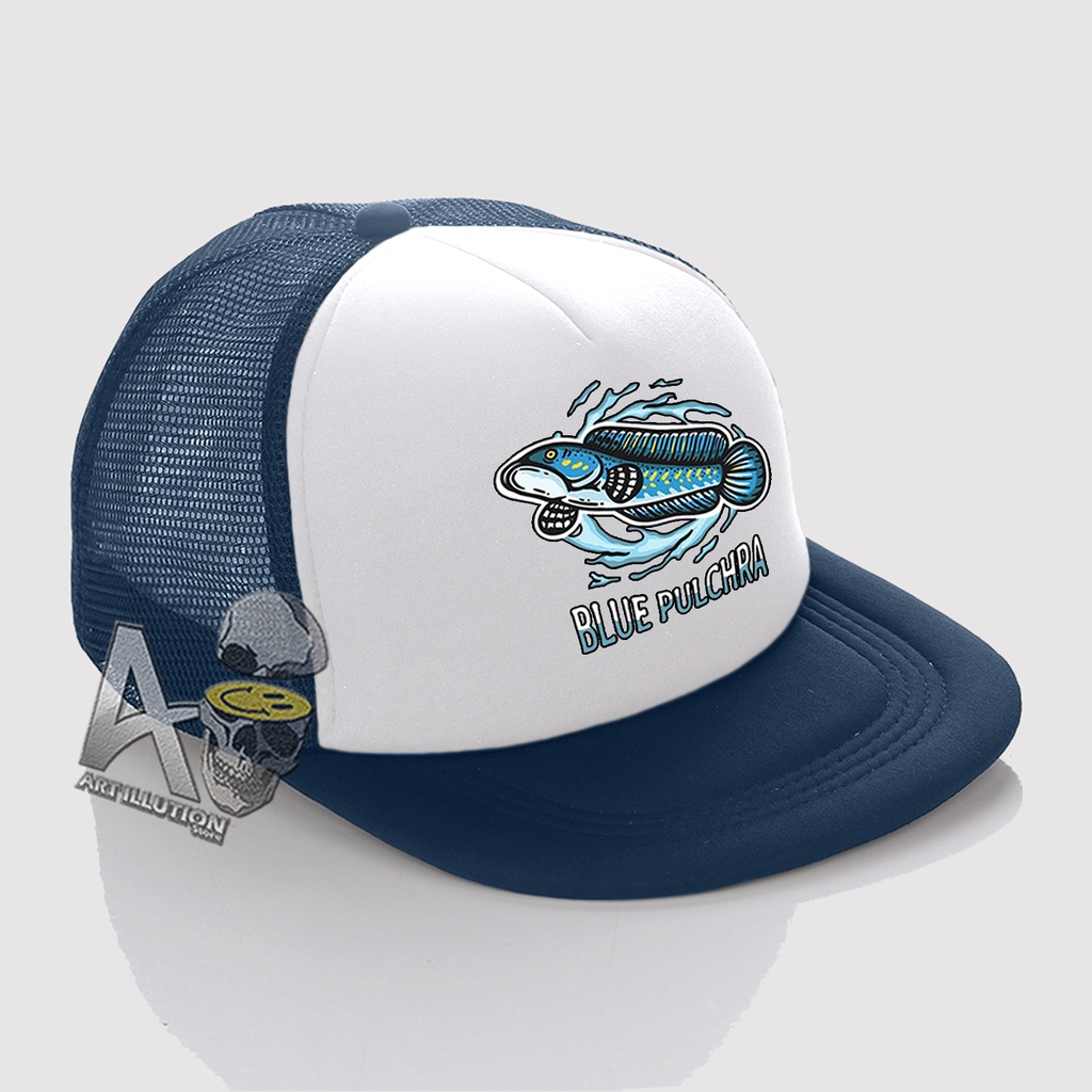 Topi Snapback Jaring Distro / Topi Snapback Trucker - Topi Channa Blue Pulchra Snakehead Logo Ikan P