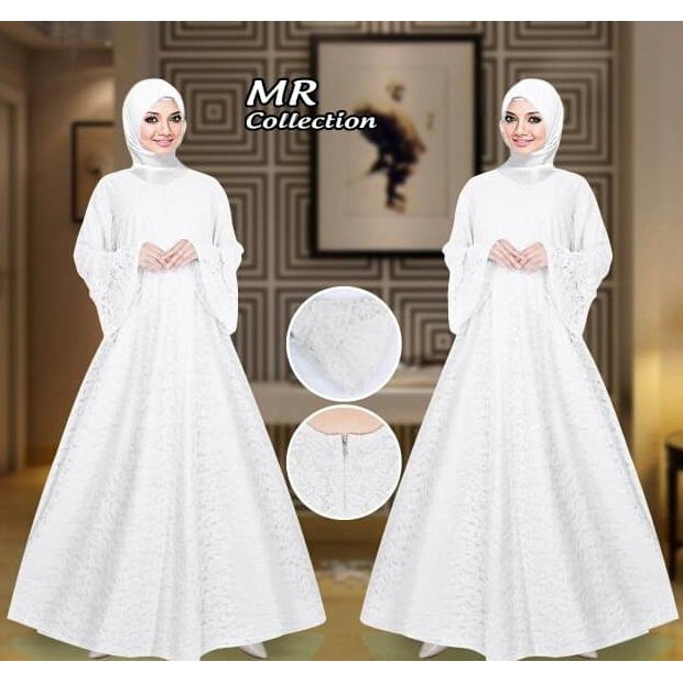 BAJU BUSANA MUSLIM GAMIS HAFSYAH SYARI PUTIH JUMBO BRUKAT NO PASMINA .