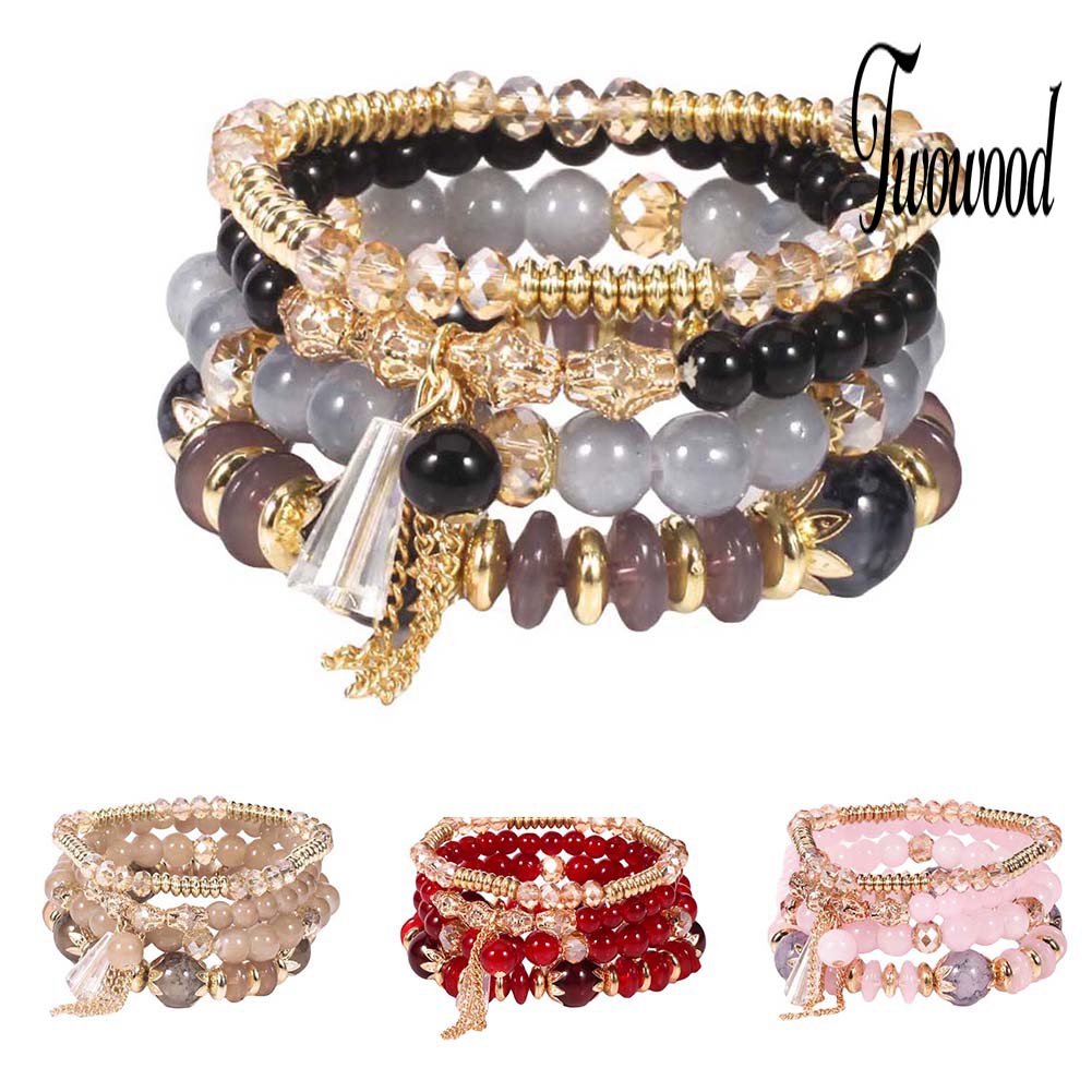 4pcs / Set Gelang Rantai Manik-Manik Mutiara Batu Akik Palsu Gaya Boho Untuk Wanita