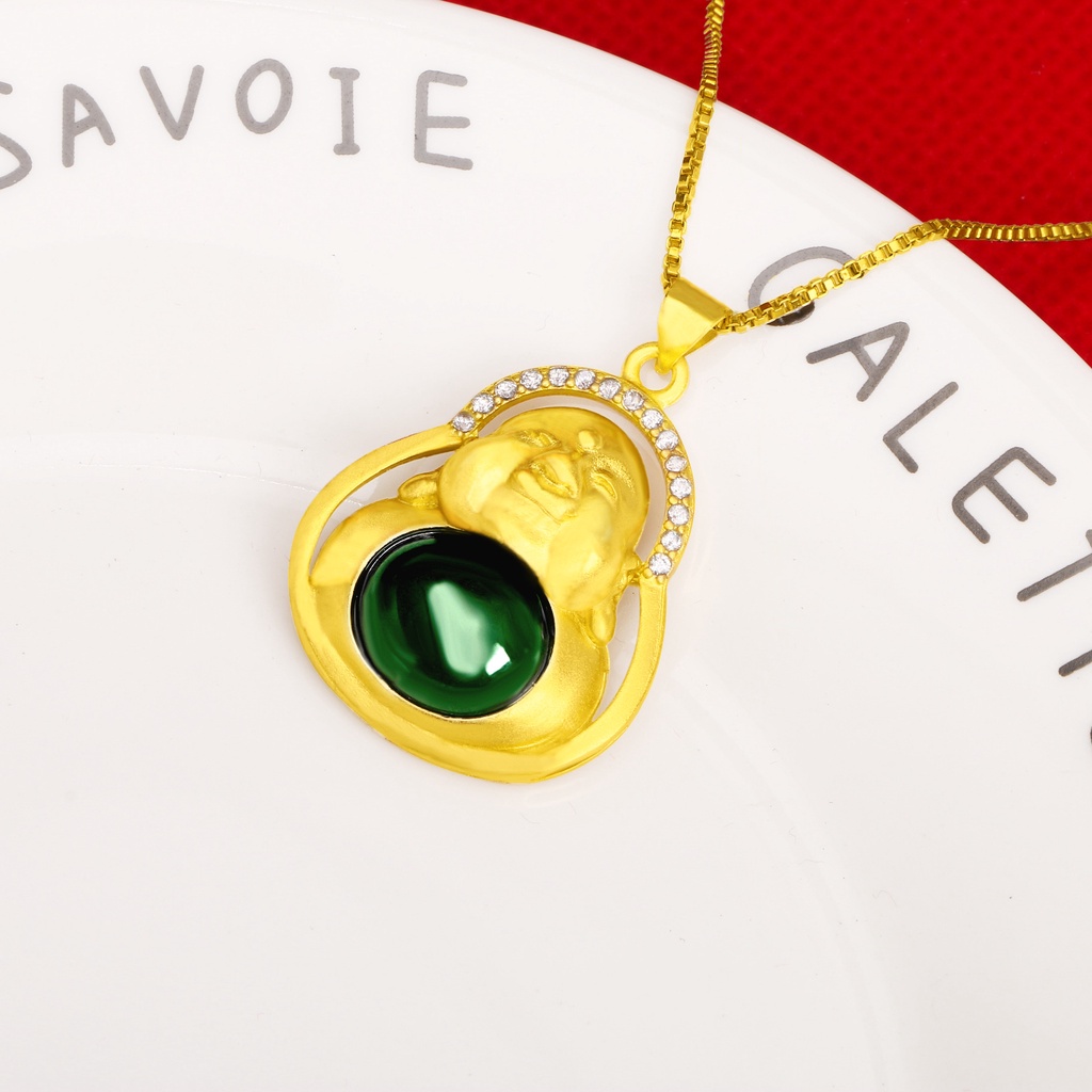Kalung Liontin Giok Maitreya Buddha Emerald Berlian Emas Asli Kadar 375 Lapis Emas Untuk Wanita