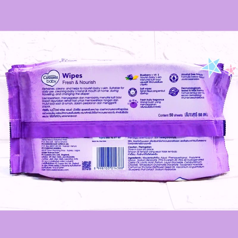 Cussons Baby wipes Ungu, Fresh &amp; Nourish, Blueberry &amp; Vit E 50 sheets