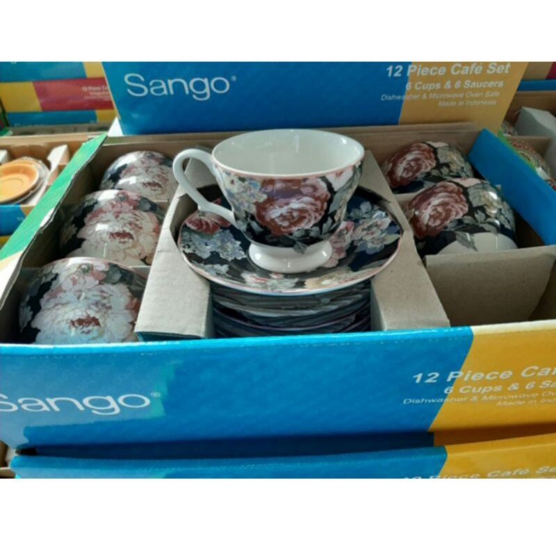 Tea Set Gelas Keramik Cangkir Keramik Hias SANGO Cantik Motif Bunga Shabby Hitam Pink