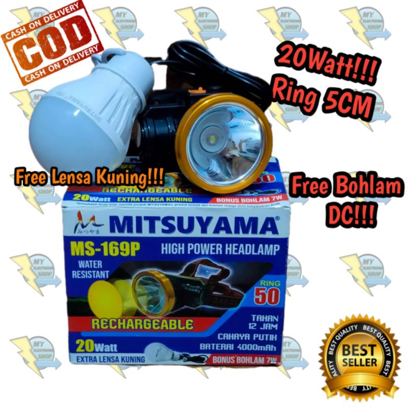 senter kepala LED 20Watt/30Watt Free Bohlam MITSUYAMA Headlamp 20 Watt LED/30 Watt LED Ms-169P/Ms-173P Water Resistant