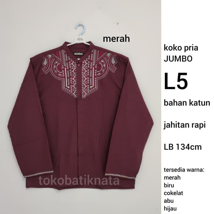 baju koko pria JUMBO 5L lengan panjang - Merah- 5L akk784