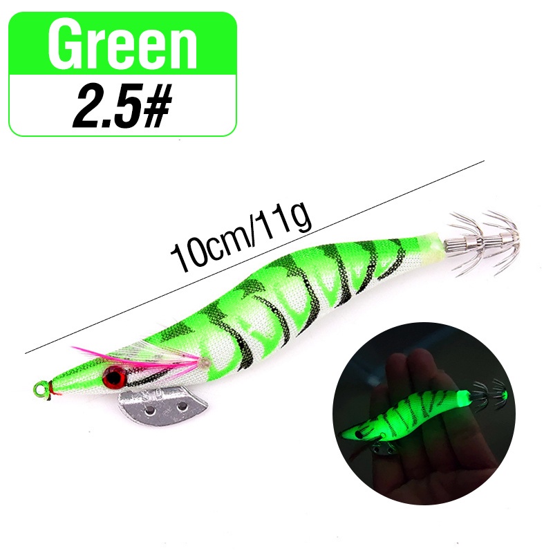 1pc Umpan Pancing Cumi-Cumi / Udang Luminous Bahan Kayu Ukuran 8cm / 10cm / 12cm-Green-2.5#