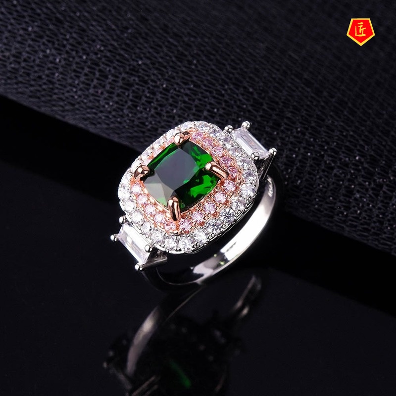 [Ready Stock]INS Style Two-Tone Inlaid Emerald Square Diamond Ring