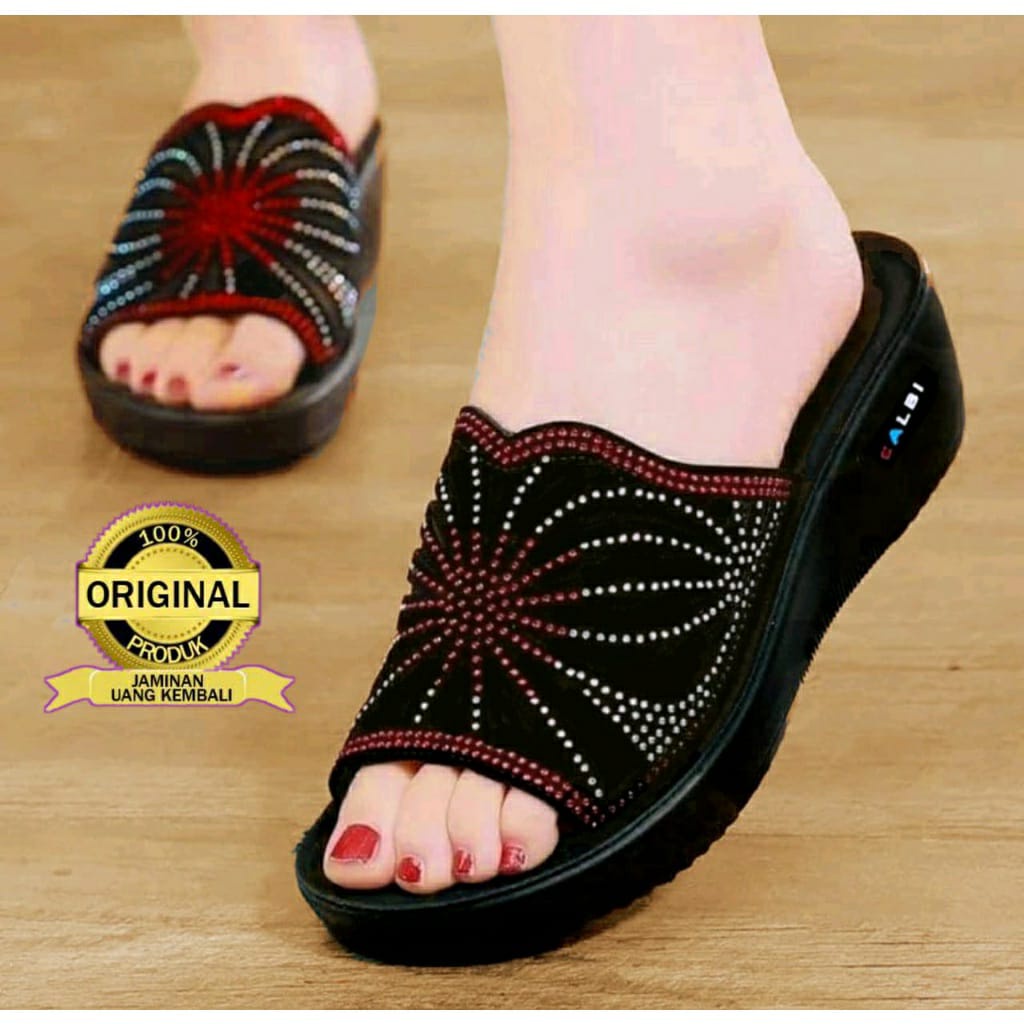 Invincible Sandal Wanita Selop Wedges Calbi Grade Original Motiv Bunga Sandal Sendal Calbi Wanita Terbaru Style Laba Laba