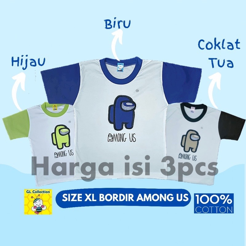 OBRAL! ISI 3PCS! ATASAN KAOS LENGAN PENDEK/KUTUNG ANAK SIZE XL(5-6TAHUN) BORDIR/SABLON 100%KATUN