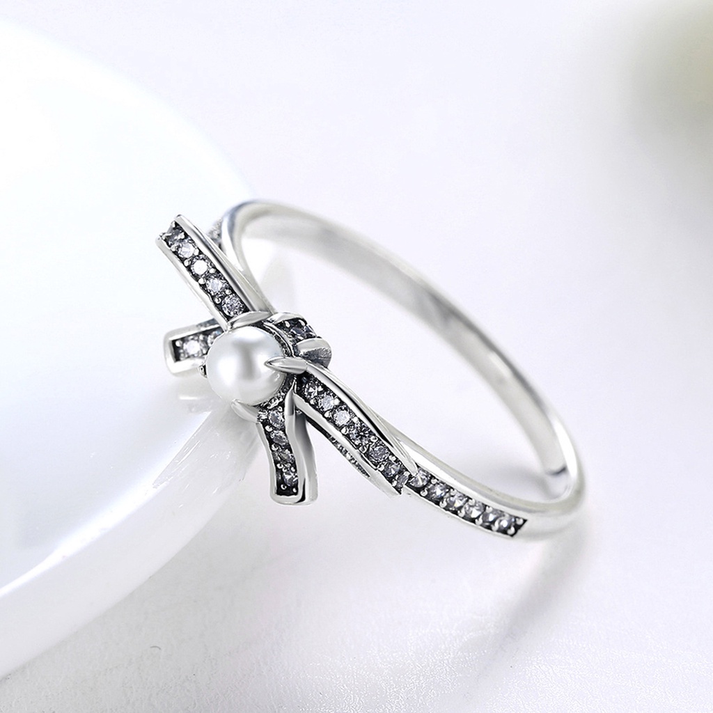 Hu Hu Hu Hu Hu Alat Bantu Pasang Kacamata♡ Cincin Wanita Bahan Sterling Silver 925 Desain Pita Hias Cubic Zirconiamutiara Imitasi Untuk Pernikahan