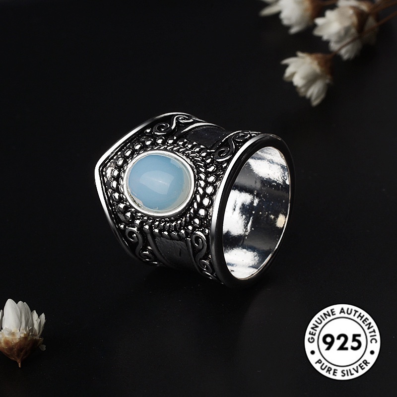 Cincin Batu Bulan Bahan S925 Silver Gaya Retro