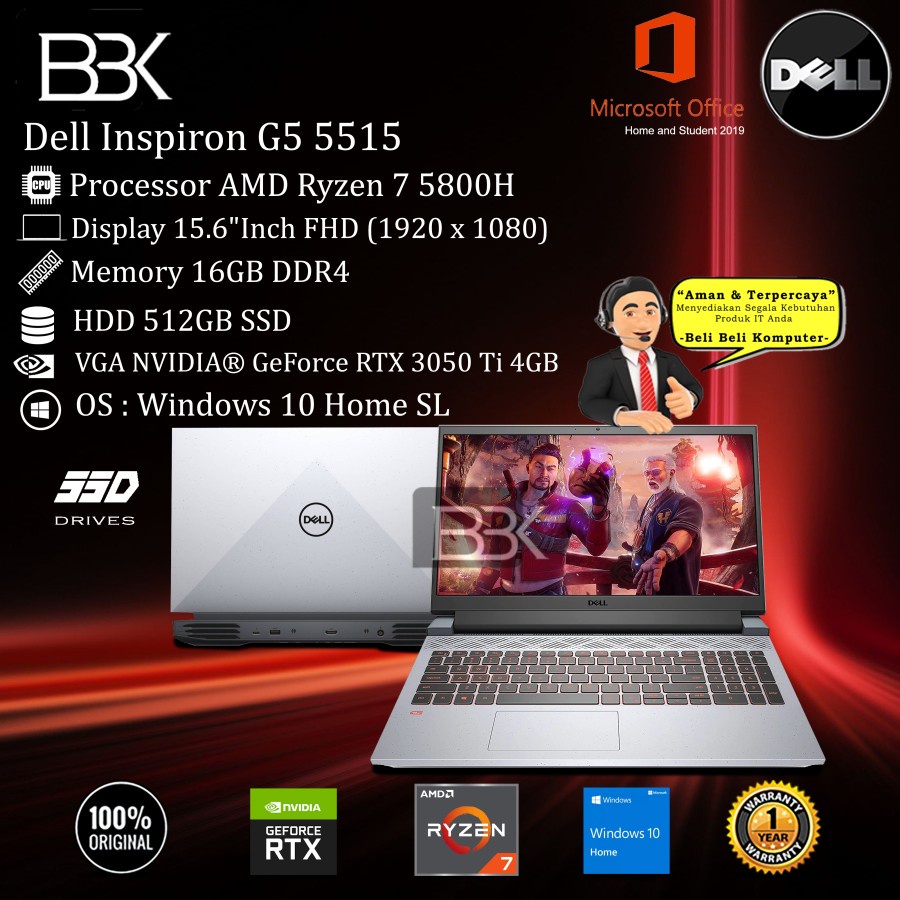 Dell Inspiron G5 5515 Ryzen 7 5800H 16GB 512GB SSD VGA 4GB W10HSL OHS