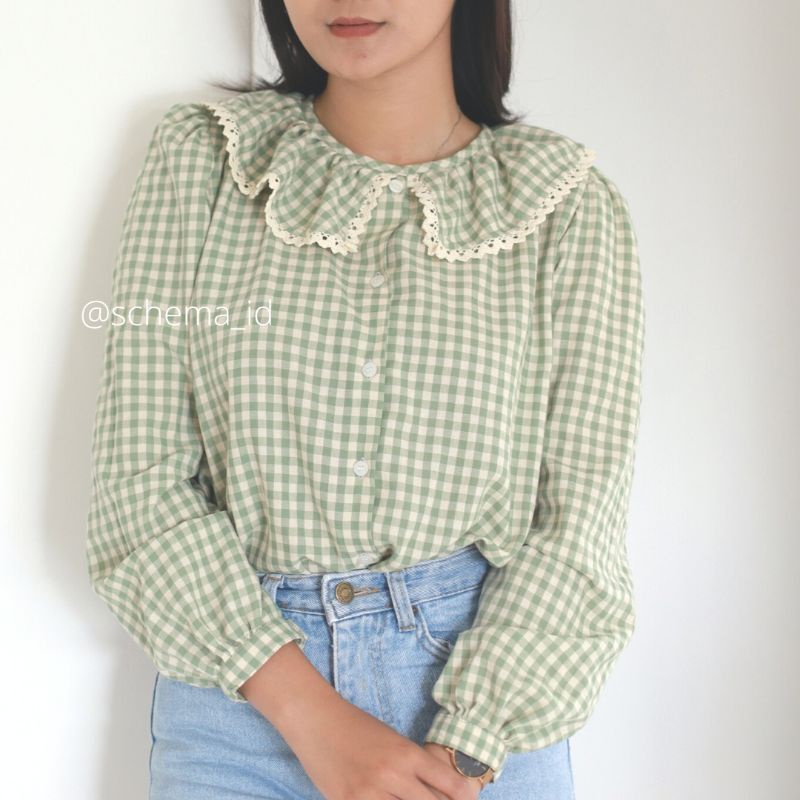 Yeora Blouse by Schema Collar Blouse Korea Style Atasan Top Wanita Lengan Panjang Tartan Blouse Cotton Premium