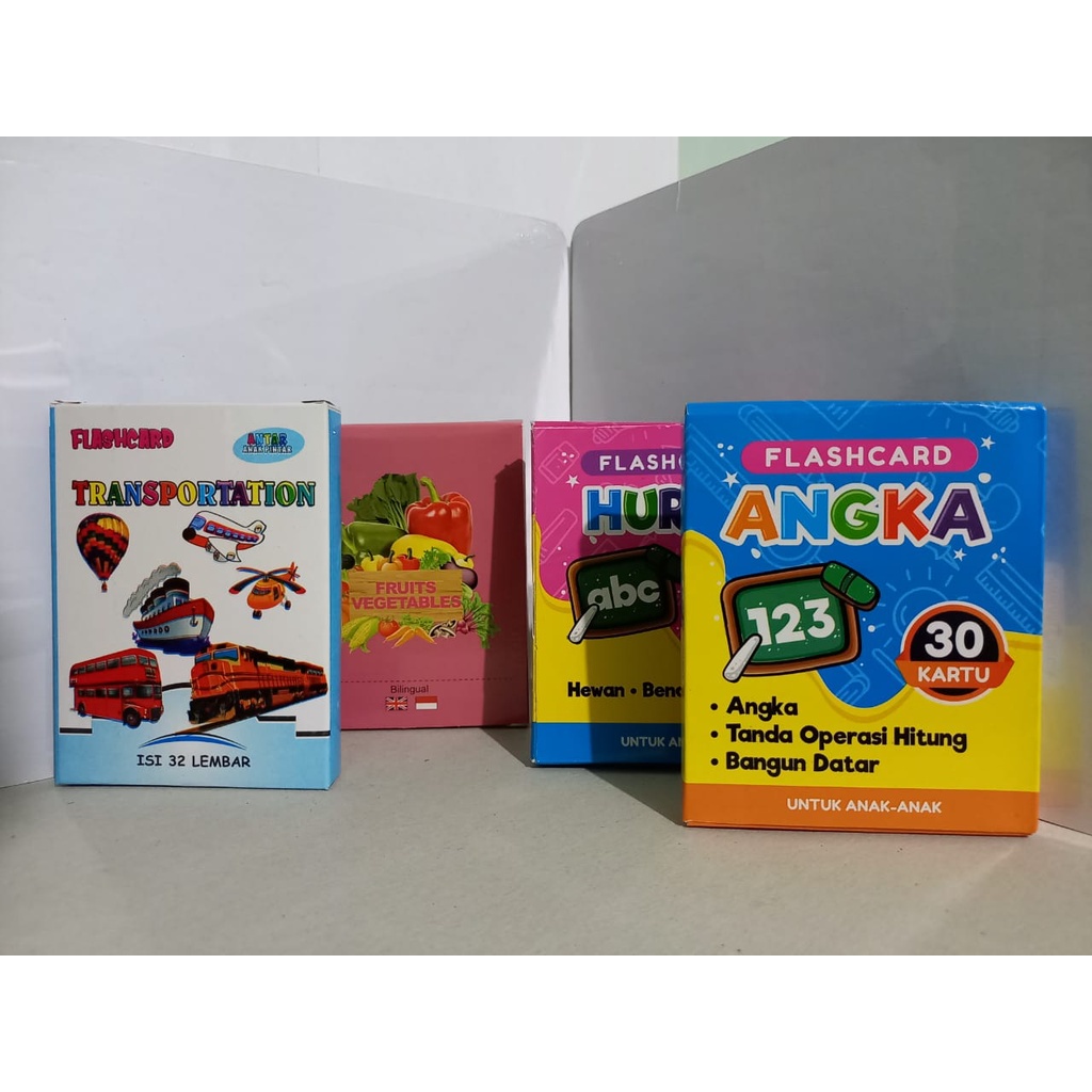 PAKET FLASHCARD ISI 4 (Flash Card Huruf,  Angka, Transportasi, Sayur  Buah / Hijaiyah)