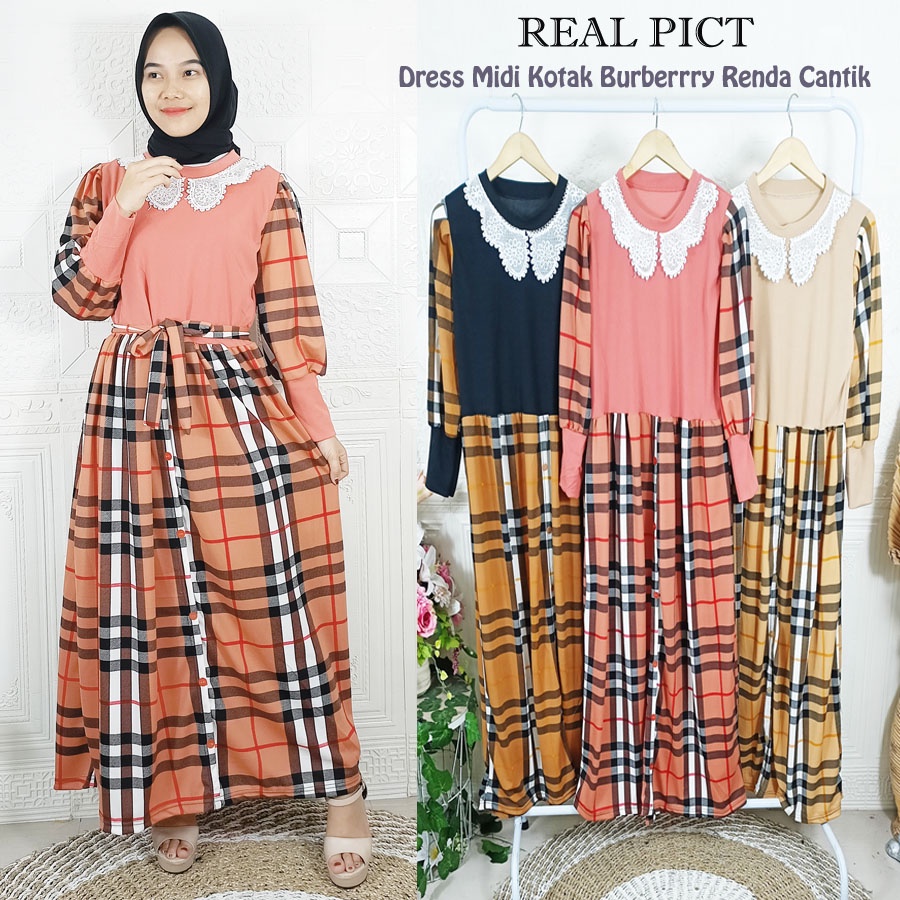 DRESS MIDI KOTAK BURBERRRY RENDA CANTIK WANITA CARLINA FASHION