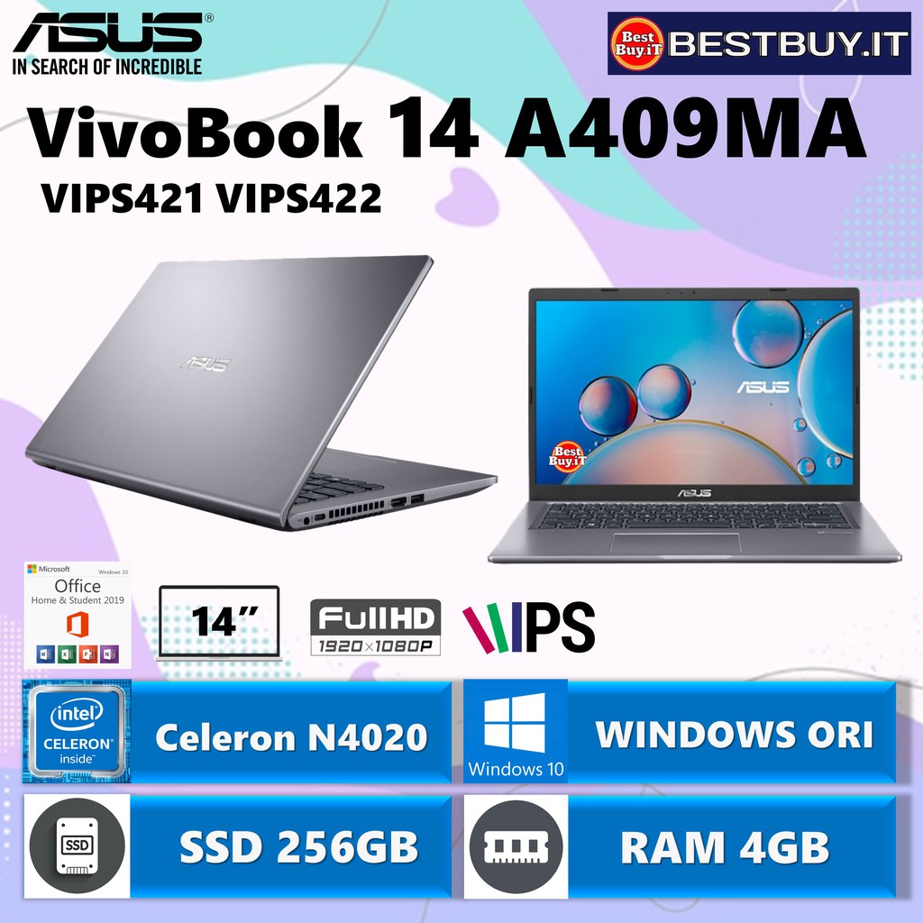LAPTOP ASUS VIVOBOOK 14 A409MA N4020 4GB 256GB 14" FHD IPS W10 OHS