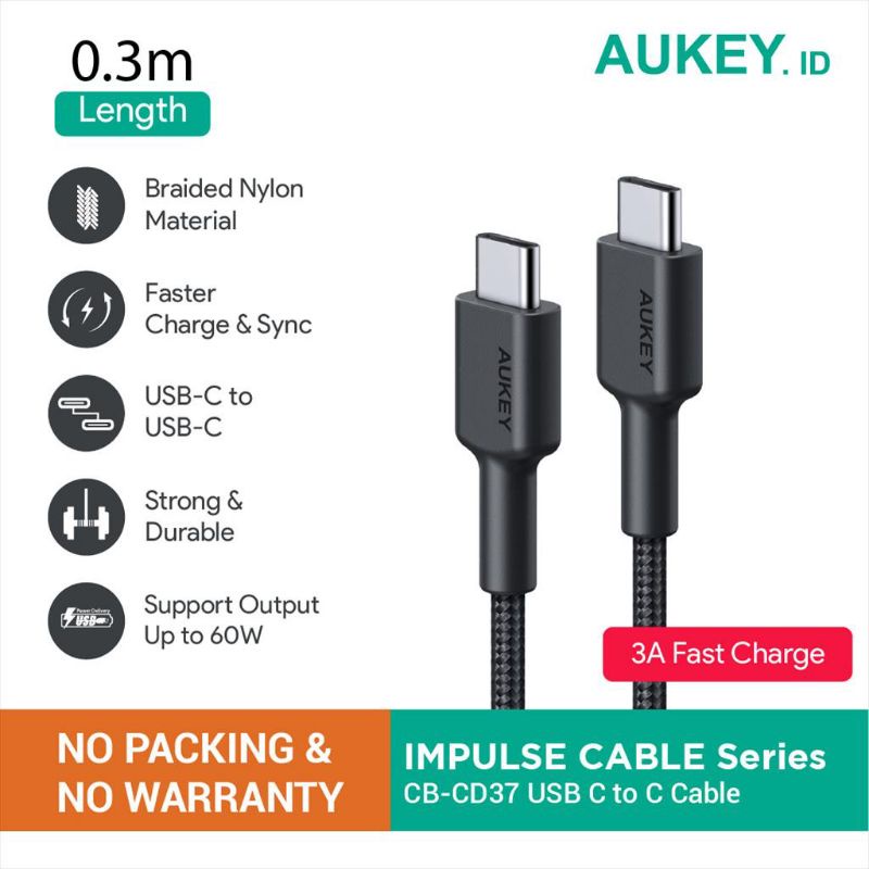 AUKEY CB-CD37 USB C to C 3A 0.3M, 1M, 2M, 3M (NO PACKING &amp; NO WARRANTY)