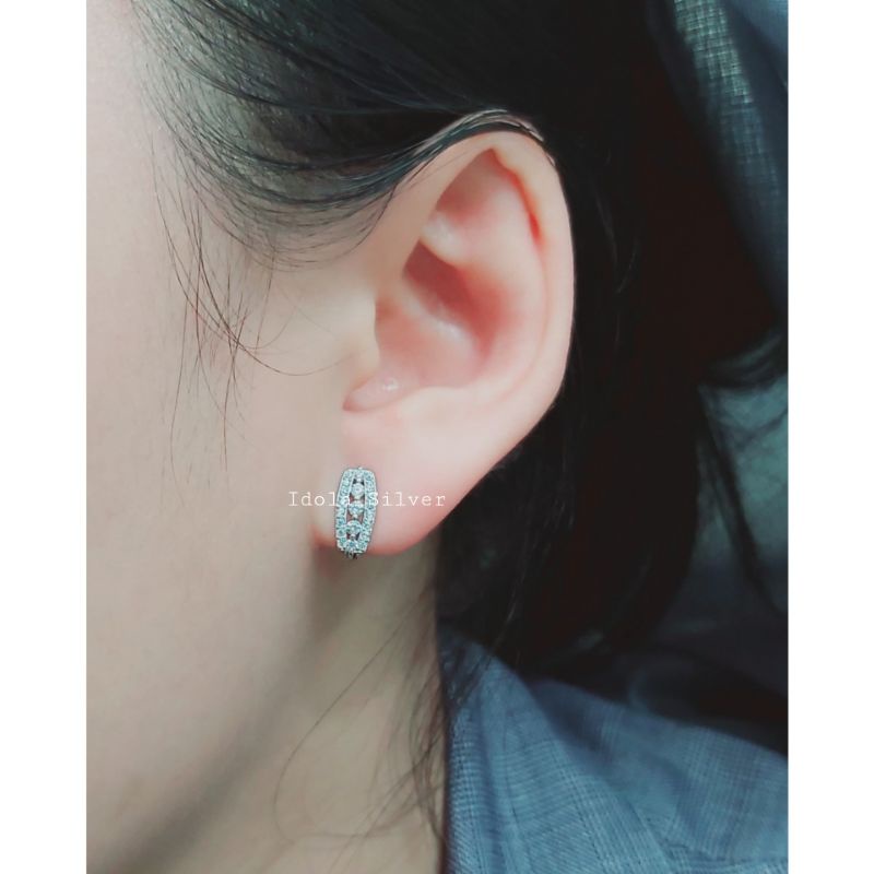 ANTING PERAK ASLI SILVER 925 LAPIS EMAS MODEL JEPIT PERMATA 3+PERMATA KELILING - PERHIASAN PERAK WANITA