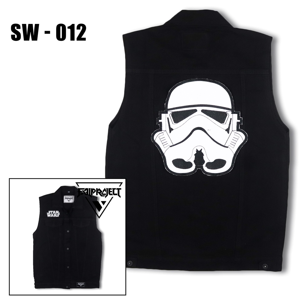 rompi jeans dengan bordir besar di punggung, jaket rompi jaket jeans denim vintage style motor casua