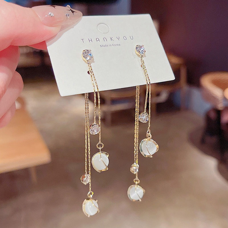 Shuling S925 Silver Needle Korean version Tassel Earrings Fashion Opal Long Earrings Super Cute Zircon Earrings