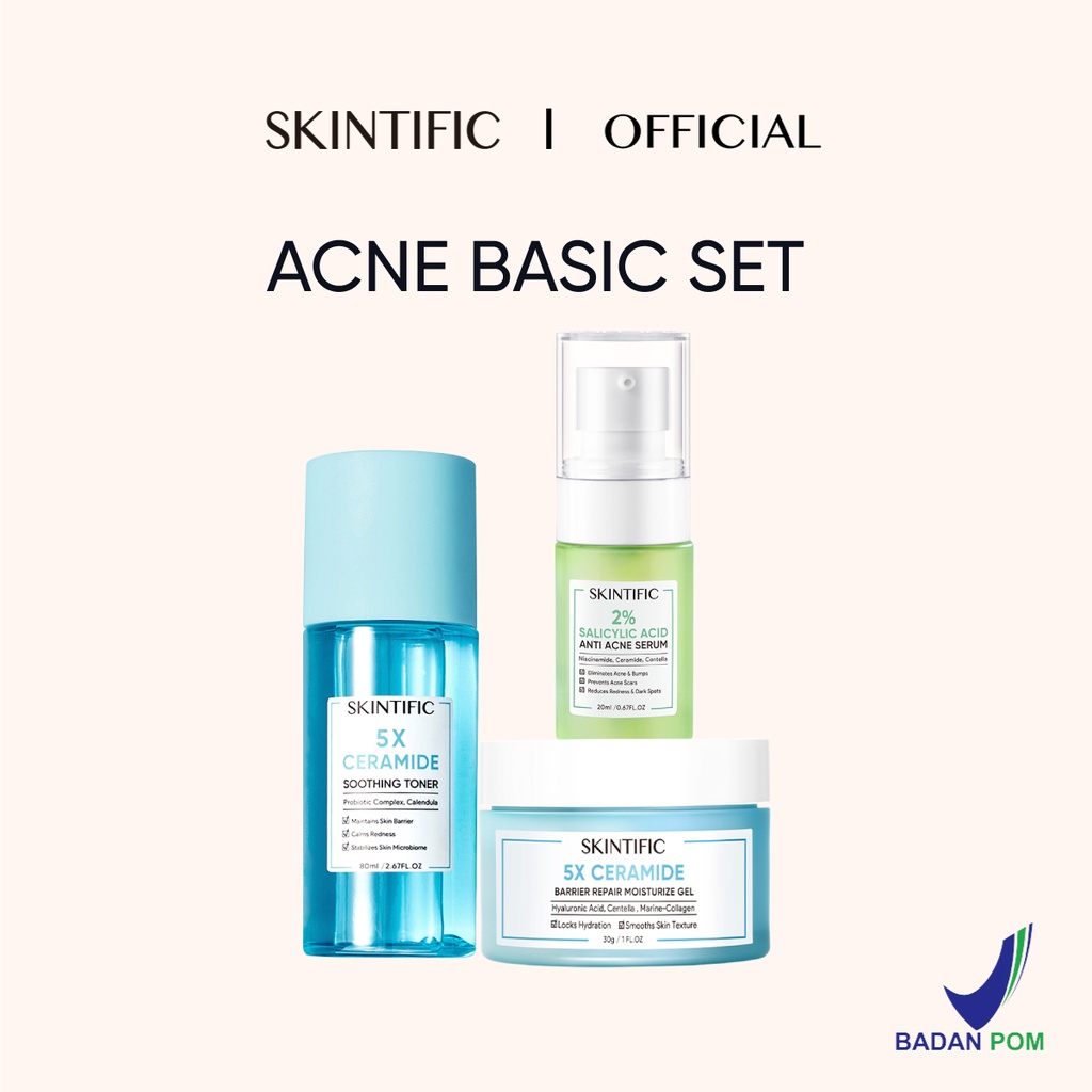 SKINTIFIC 3 pcs Paket Skincare with toner -  4D Hyaluronic Acid (HA) Barrier Essence Toner & 5X Ceramide Barrier Repair Moisturize Gel & 10% Niacinamide Brightening Serum 20Ml & 5% Aha Bha Pha Exfoliating Toner & 5X Ceramide Soothing Toner 80ml-acne set