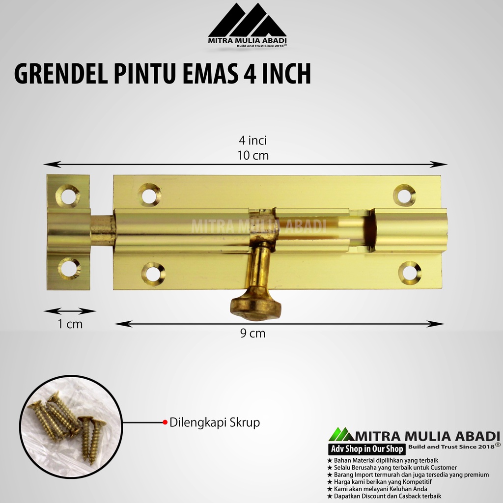 Slot Pintu Jendela Plat Tebal Grendel 4&quot; l Barrel Bolt- kuning