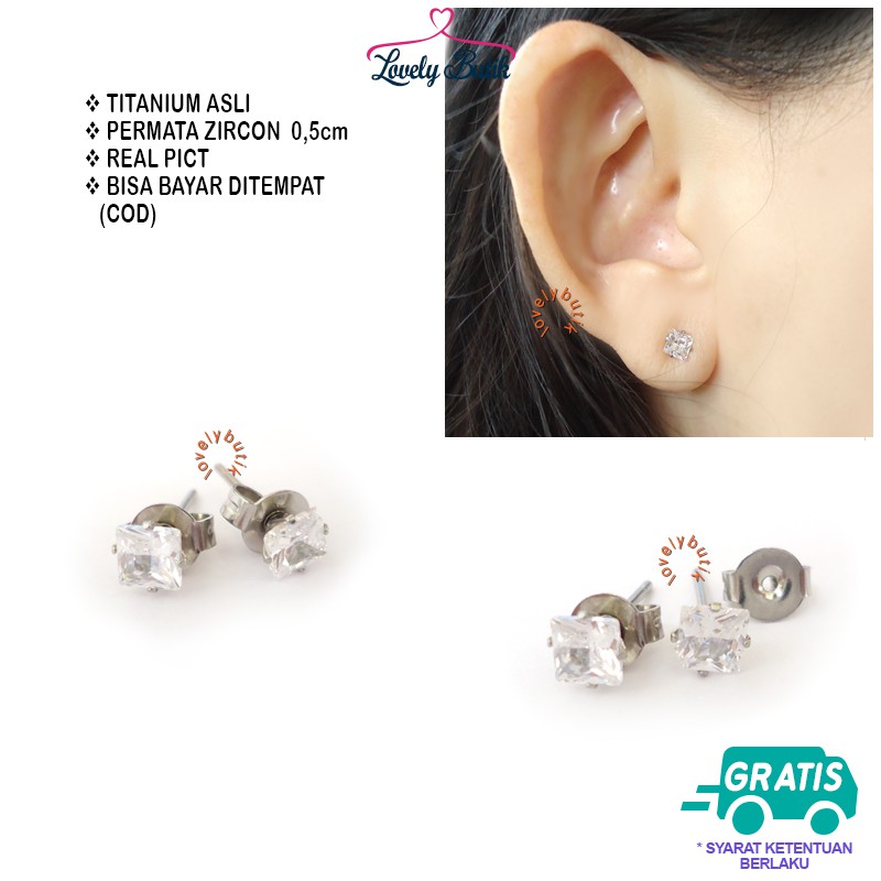 Lovelybutik Anting Anti karat Anting Tindik Wanita Titanium Squar3 Ukuran 0,5 cm