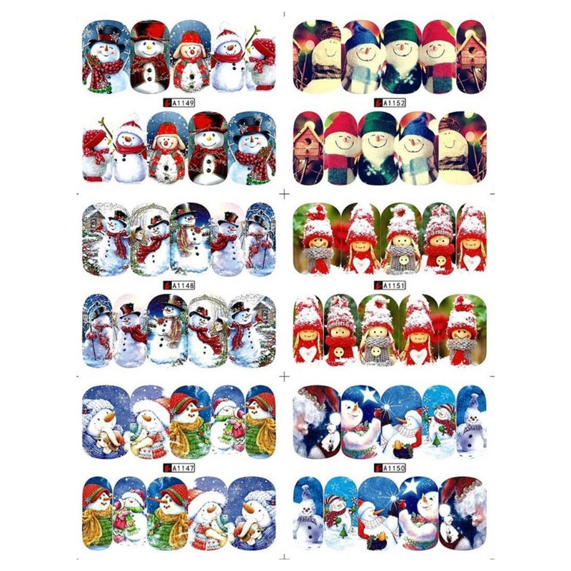 12 Lembar Stiker Kuku Desain Santa Snowman Snowflakes Untuk Natal