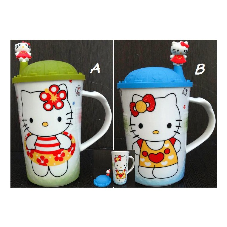 GELAS TINGGI HELLO KITTY TUTUP KARET CASTEL BAHAN KERAMIK TEBAL (15X10)