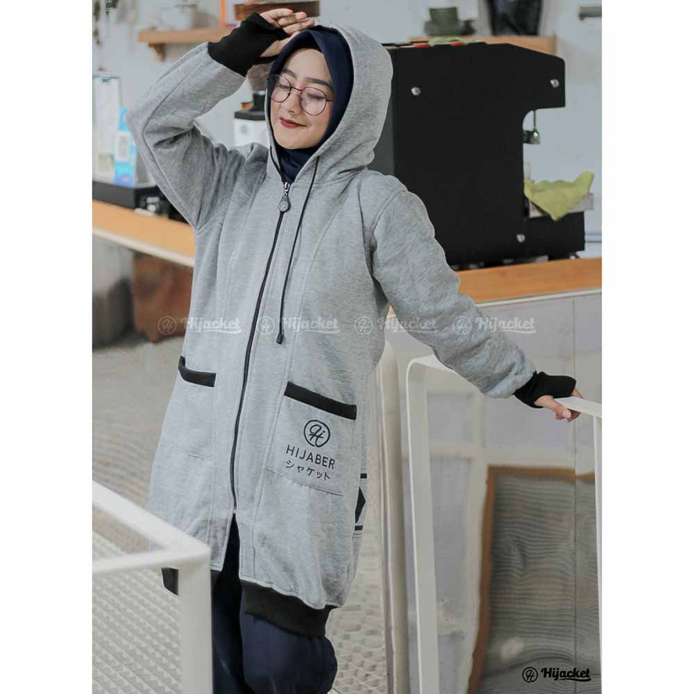 Jaket Jacket Hoodie Panjang Wanita Cewek Hijabers Roundhand Finger Warna Abu Hijacket YK Grey-7