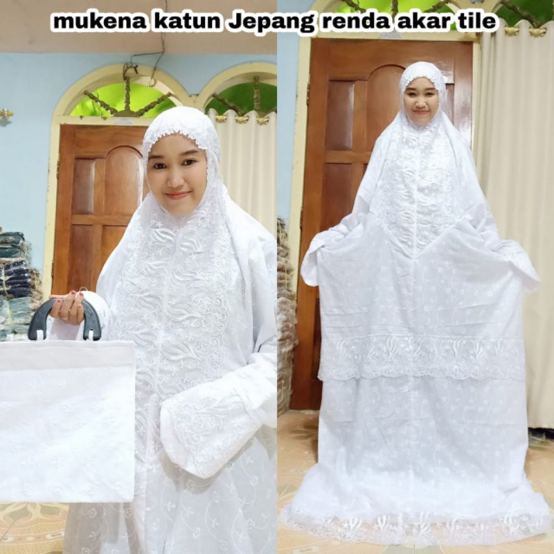 Mukena Terusan Katun Jepang Mewah Jumbo Renda Prada