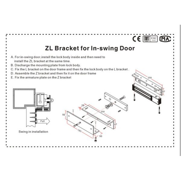 Electric Magnetic Lock on Glass Door Kaca 280 kg 600 lbs ZL bracket for