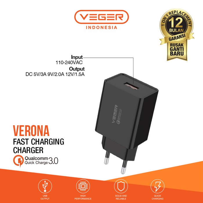 Travel Charger Cas VEGER VERONA FAST CHARGING QUALCOMM QC 3.0A