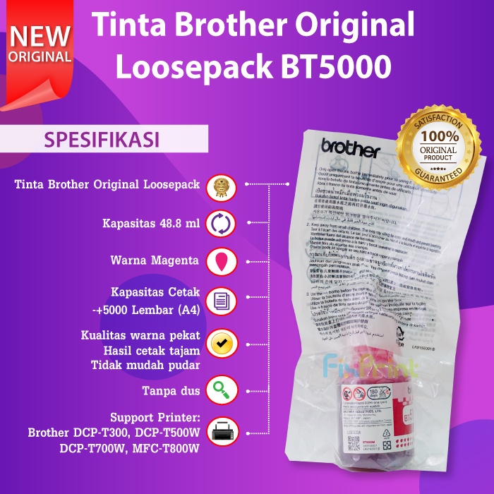 Tinta Brother BT5000 Printer HL-T4000DW DCP-T300 T310 T500W T510W T700 T710W T800W T810W T910DW DCP-T220DCP-T420W DCP-T520W DCP-T720DW T820DW T920DW